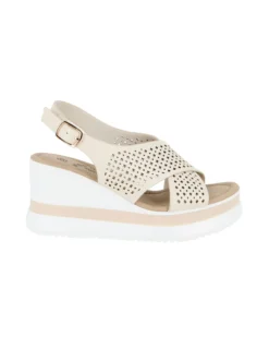 MISS GLOBO - Sandalo platform panna con fasce incrociate traforate e sottopiede in memory soft, zeppa 7CM