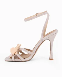 MISS GLOBO - Sandalo rosegold in lurex con sottopiede in VERA PELLE e applicazione fiori in strass, tacco 10,5CM