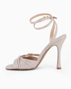 MISS GLOBO - Sandalo rosegold in lurex con cinturini incrociati e punta quadrata, tacco 10,5CM