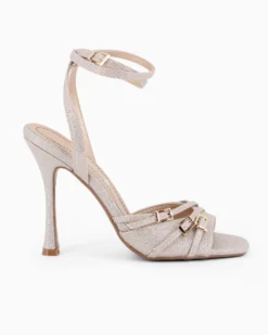 MISS GLOBO - Sandalo rosegold in lurex con cinturini incrociati e punta quadrata, tacco 10,5CM