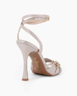 MISS GLOBO - Sandalo rosegold in lurex con cinturini incrociati e punta quadrata, tacco 10,5CM
