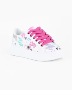 MISS GLOBO - Scarpa sneakers bianca da bambina con lacci fucsia