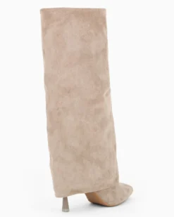 MISS GLOBO - Stivale beige scamosciato a punta con risvolto e zip laterale, tacco 8,5CM