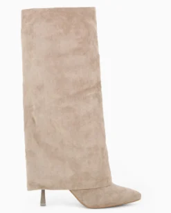 MISS GLOBO - Stivale beige scamosciato a punta con risvolto e zip laterale, tacco 8,5CM
