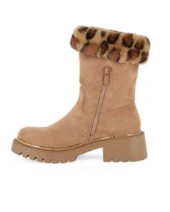 MISS GLOBO - Stivale camel scamosciato con pelliccia leopardata e zip laterale, tacco 5CM