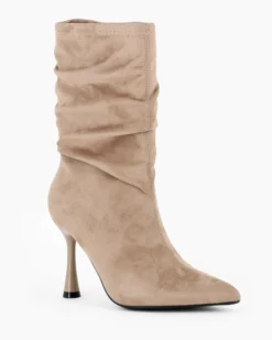 MISS GLOBO - Stivale khaki scamosciato a punta con gambale arricciato e zip laterale, tacco 9,5CM