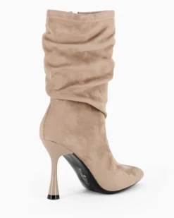 MISS GLOBO - Stivale khaki scamosciato a punta con gambale arricciato e zip laterale, tacco 9,5CM