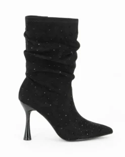 MISS GLOBO - Stivale nero scamosciato a punta con zip laterale e gambale arricciato con strass, tacco 9,5 CM
