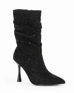 MISS GLOBO - Stivale nero scamosciato a punta con zip laterale e gambale arricciato con strass, tacco 9,5 CM