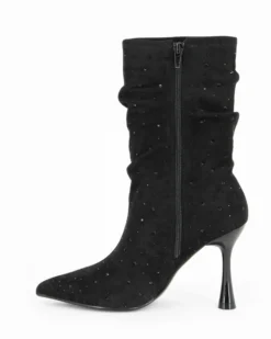MISS GLOBO - Stivale nero scamosciato a punta con zip laterale e gambale arricciato con strass, tacco 9,5 CM