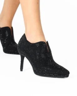 MISS GLOBO - Tronchetto nero in strass con scollo frontale e zip laterale, tacco 8,5CM
