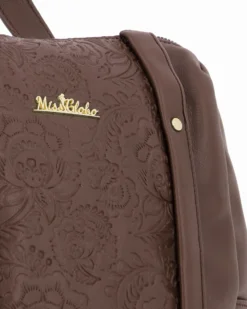 MISS GLOBO - Zaino marrone con tasche laterali e ciondolo con piastrina metallica e pennacchio a frange