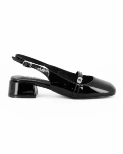 MY JEWELS - Ballerina slingback nera in vernice con punta quadrata e cinturino frontale, tacco 3,5CM