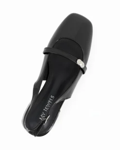 MY JEWELS - Ballerina slingback nera in vernice con punta quadrata e cinturino frontale, tacco 3,5CM