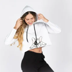MY JEWELS - DONNA FELPA BIANCA CORTA CON CAPPUCCIO E STAMPA BULLDOG