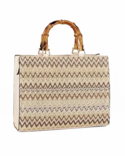 NARDINI - Borsa beige intreccio multicolor con manici effetto bamboo, tracolla removibile