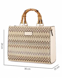 NARDINI - Borsa beige intreccio multicolor con manici effetto bamboo, tracolla removibile