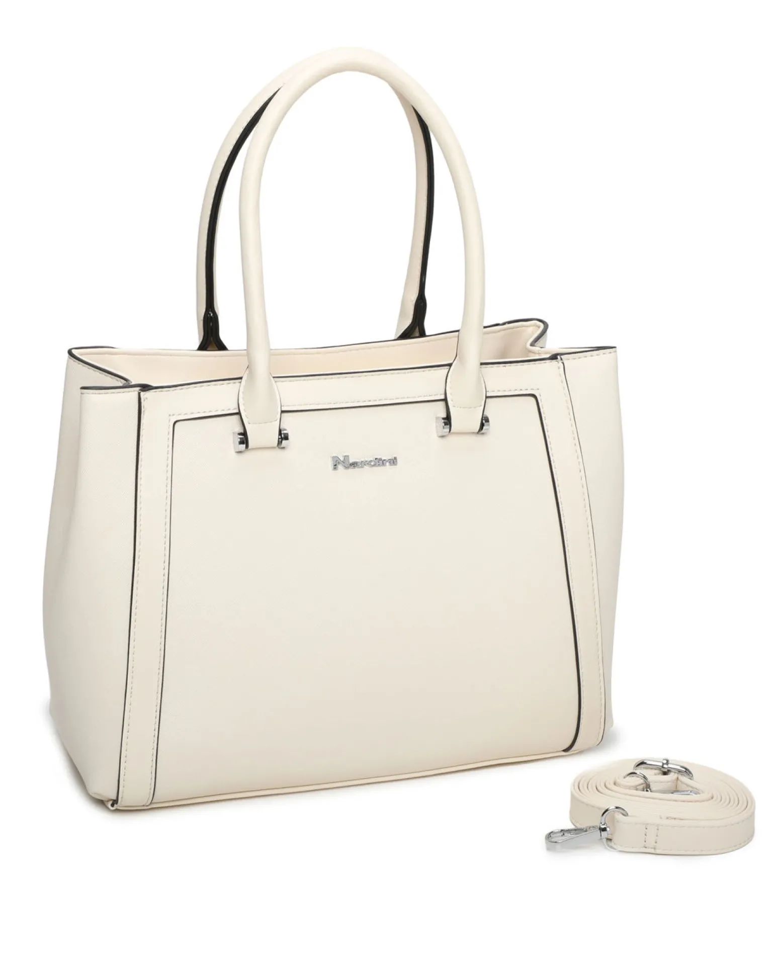 NARDINI - Borsa due manici beige con tasca posteriore e tre scomparti interni, tracolla removibile