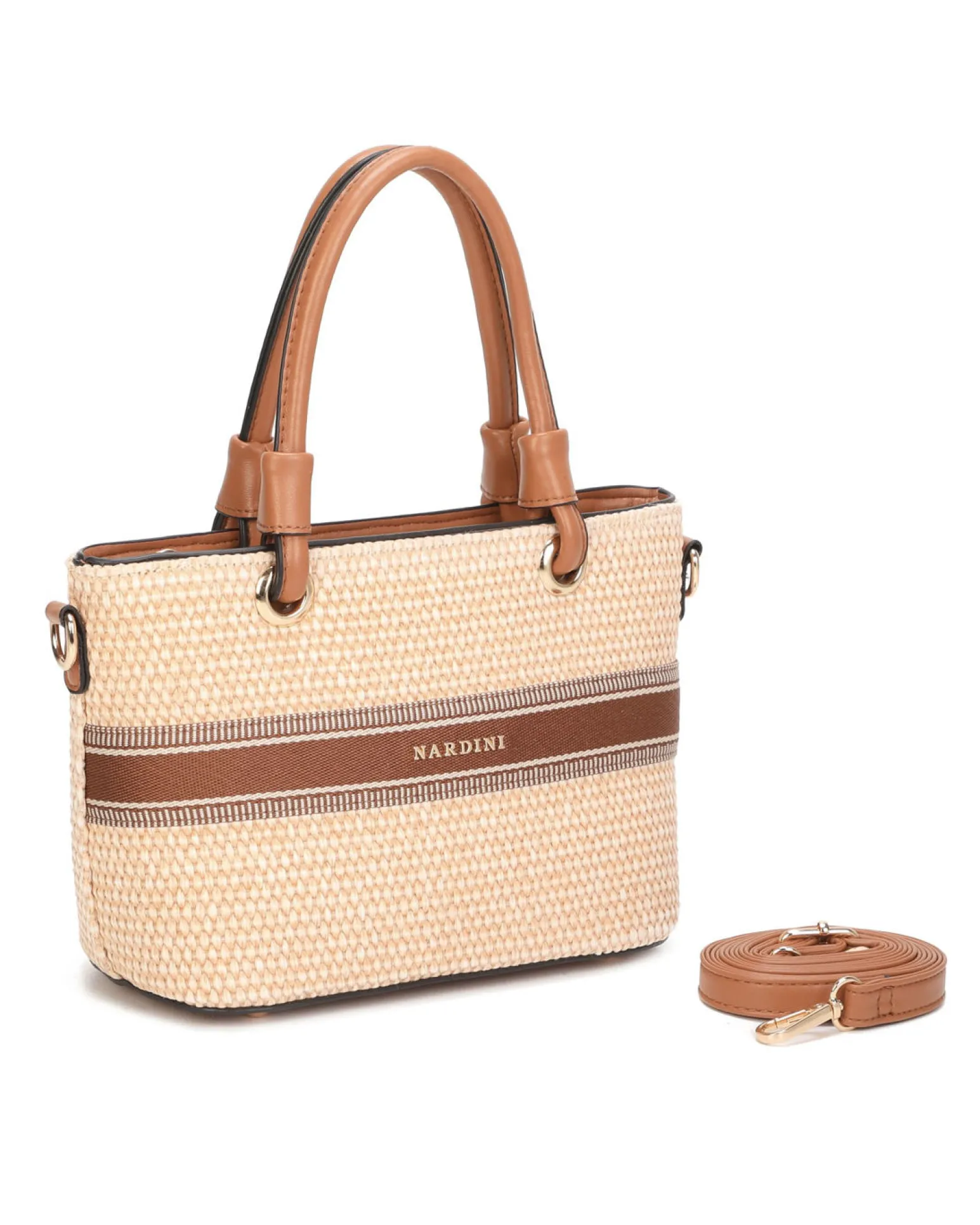 NARDINI - Borsa due manici beige in paglia, tracolla removibile
