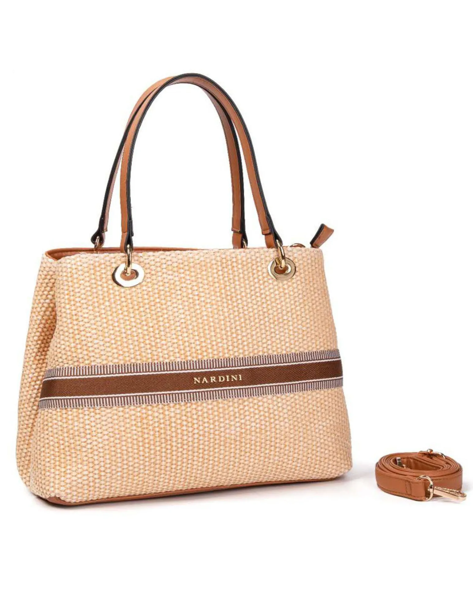 NARDINI - Borsa due manici beige in paglia con tre scomparti interni, tracolla removibile