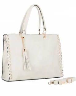 NARDINI - Borsa due manici beige con tasca posteriore e pennacchio a frange, tracolla removibile