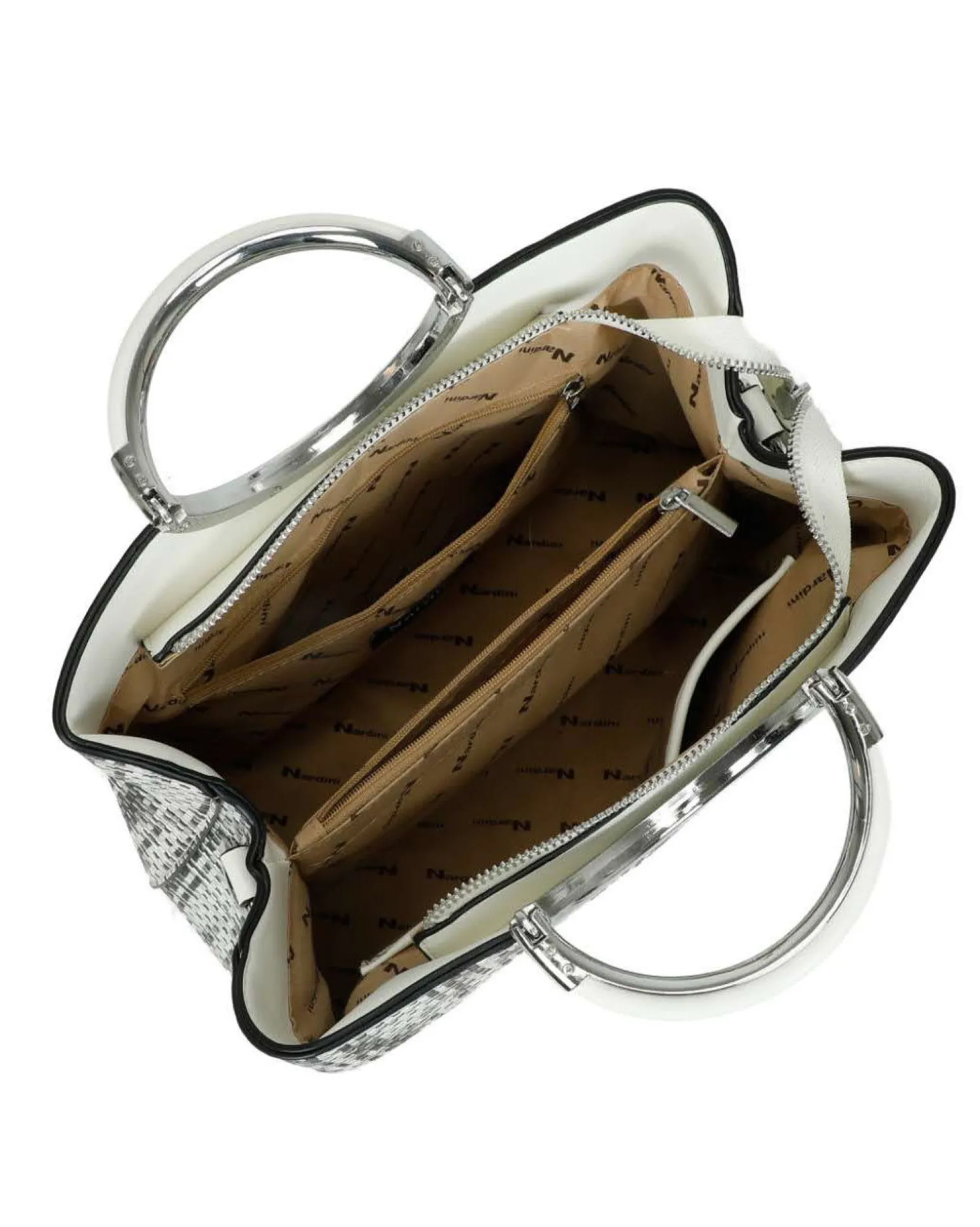 NARDINI - Borsa due manici bianca e nera effetto intreccio con tasca posteriore e tre scomparti interni, tracolla removibile