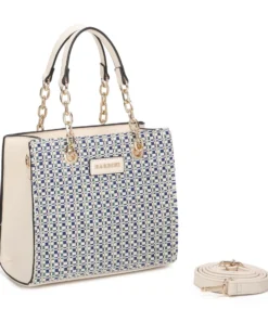 NARDINI - Borsa due manici blu con parte frontale intrecciata, tracolla removibile