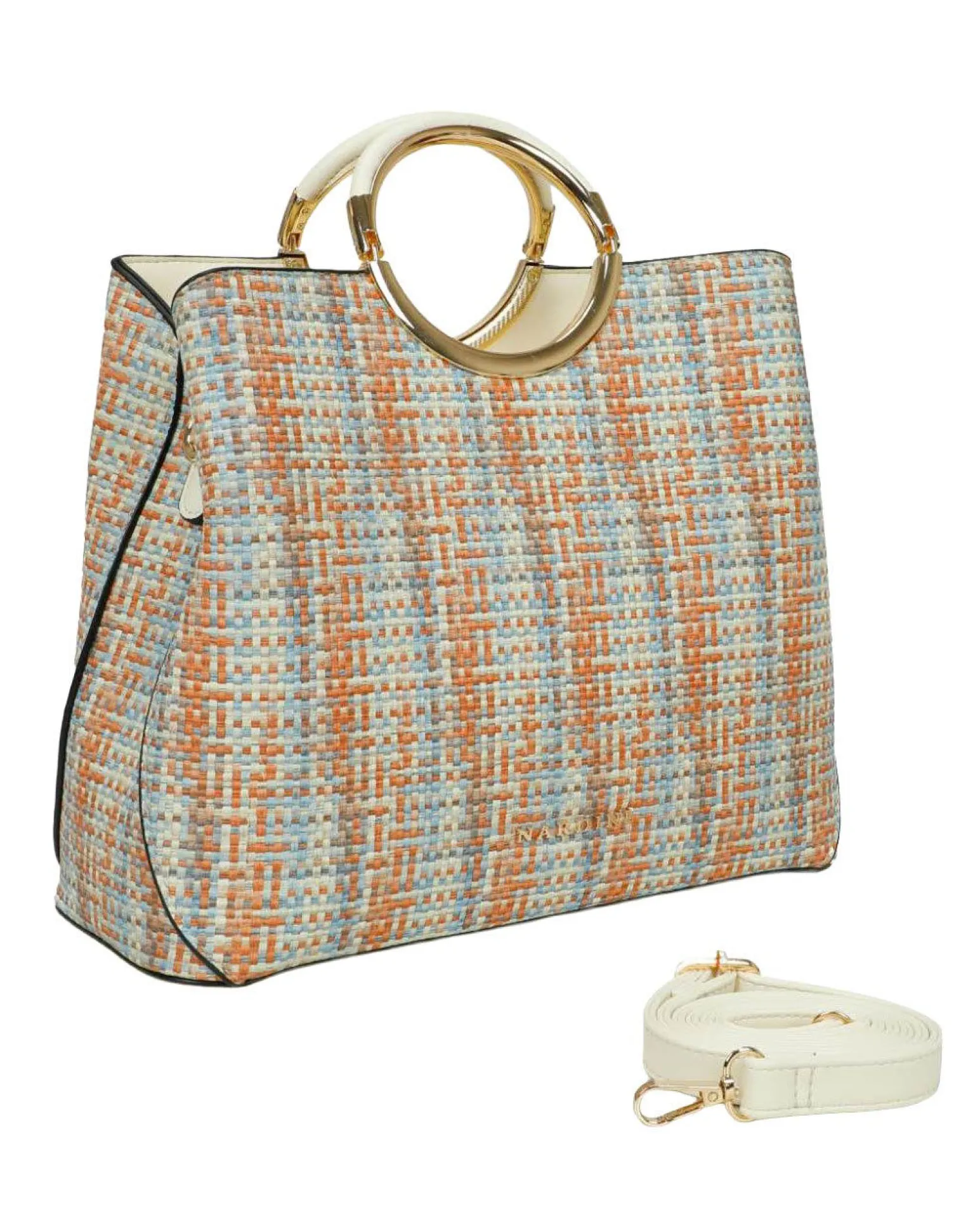 NARDINI - Borsa due manici multicolor effetto intreccio con tasca posteriore e tre scomparti interni, tracolla removibile