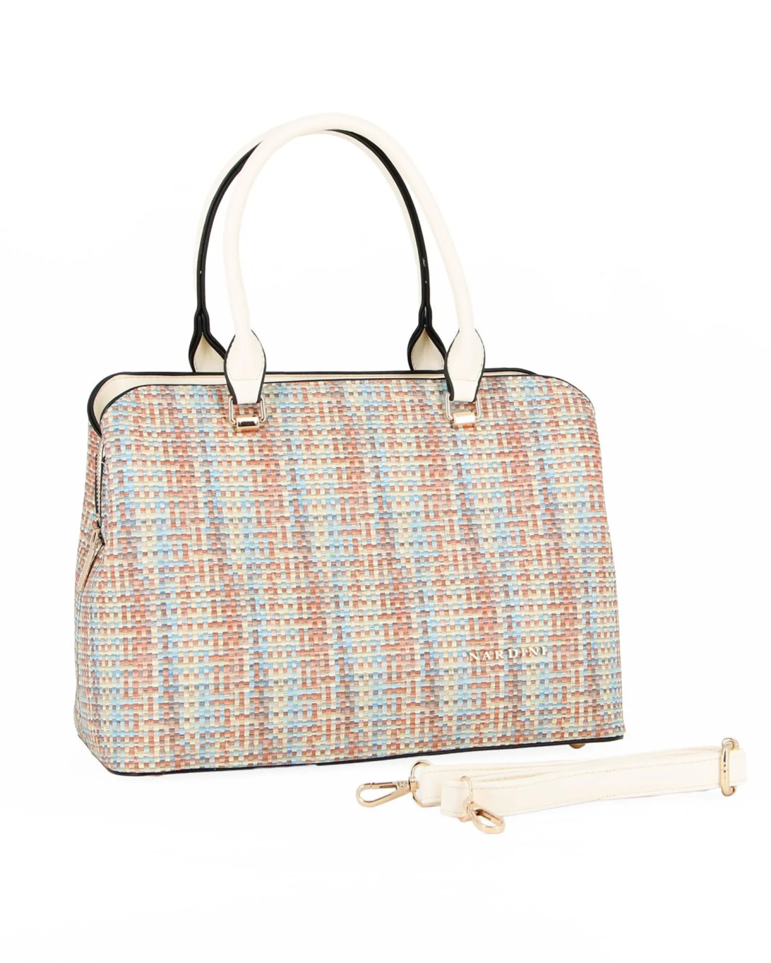 NARDINI - Borsa due manici multicolor effetto intreccio con tre scomparti principali, tracolla removibile