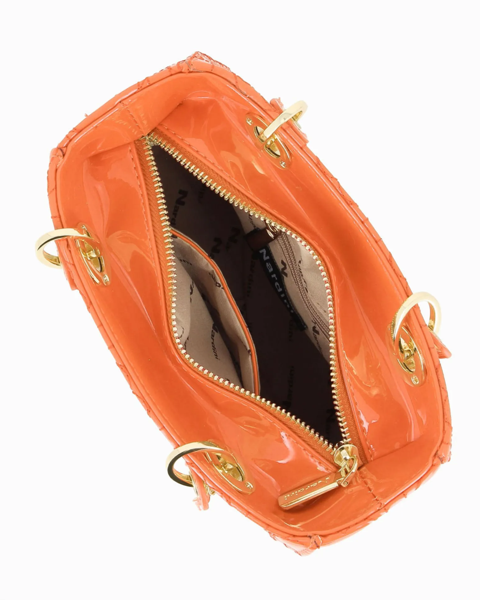 NARDINI - Borsa piccola arancione due manici effetto vernice trapuntata con cuori e ciondoli, tracolla removibile