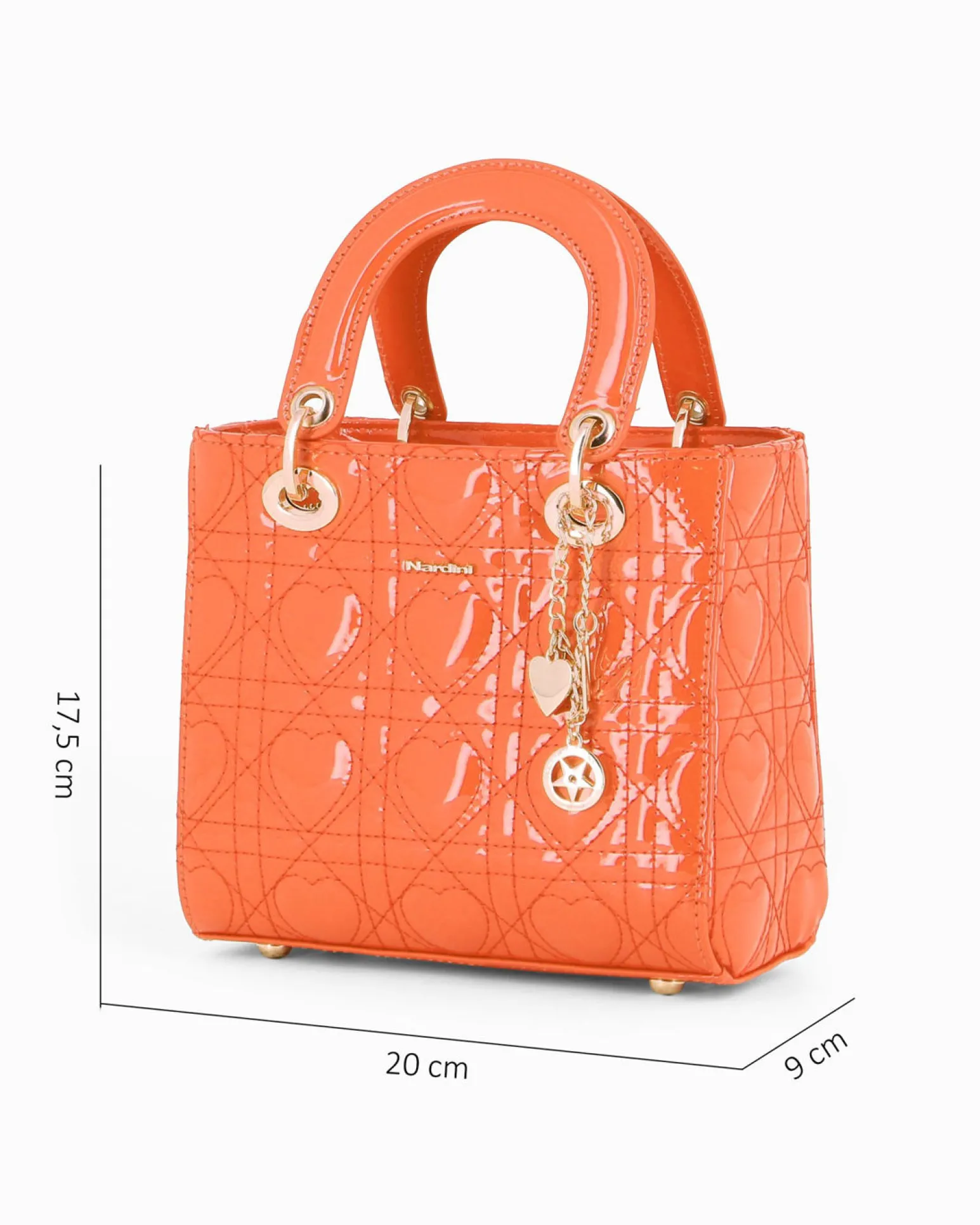NARDINI - Borsa piccola arancione due manici effetto vernice trapuntata con cuori e ciondoli, tracolla removibile