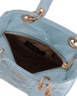 NARDINI - Borsa piccola celeste due manici effetto vernice trapuntata con cuori e ciondoli, tracolla removibile