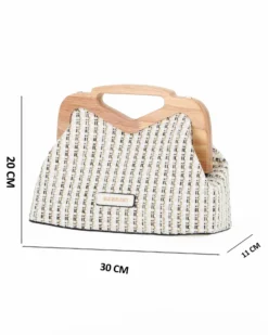 NARDINI - Pochette in tessuto intrecciato bianco con manico in legno, tracollina removibile