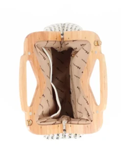 NARDINI - Pochette in tessuto intrecciato bianco con manico in legno, tracollina removibile