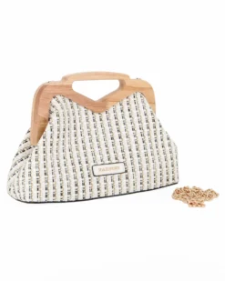 NARDINI - Pochette in tessuto intrecciato bianco con manico in legno, tracollina removibile