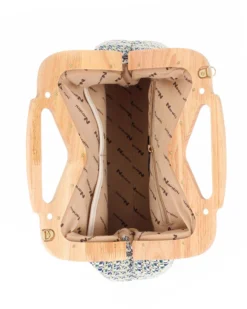 NARDINI - Pochette in tessuto intrecciato blu con manico in legno, tracollina removibile