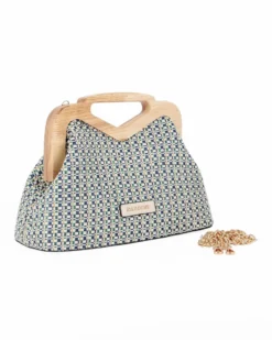 NARDINI - Pochette in tessuto intrecciato blu con manico in legno, tracollina removibile