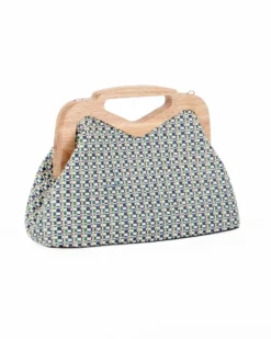 NARDINI - Pochette in tessuto intrecciato blu con manico in legno, tracollina removibile