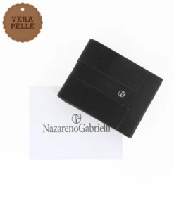 NAZARENO GABRIELLI - Portafoglio nero da uomo in VERA PELLE con intreccio