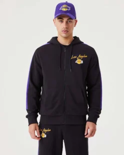 NEW ERA - Felpa nera e viola con cappuccio zip frontale e logo Lakers