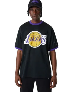 NEW ERA - T shirt girocollo oversize fit nera e viola in mesh traspirante con logo Lakers