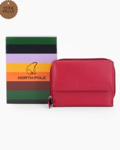 NORTH POLE - Portafoglio rosso in VERA PELLE da donna con patta e tasca posteriore