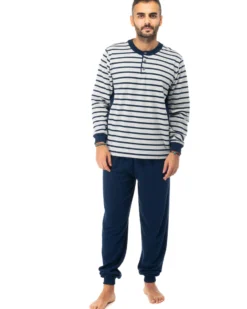NOTTI MAGICHE - Pigiama da uomo blu a strisce modello ABRAMO, MADE IN ITALY