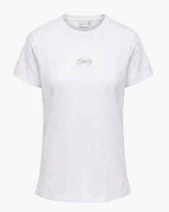 ONLY -  T-SHIRT MEZZA MANICA BIANCA DA DONNA CON  LOGO STRASS -  10125