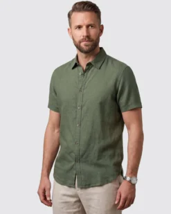 ON SPIRIT - Camica mezza manica collo classico verde militare lino-viscosa