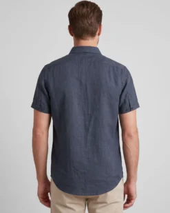 ON SPIRIT - Camica mezza manica collo classico blu lino-viscosa