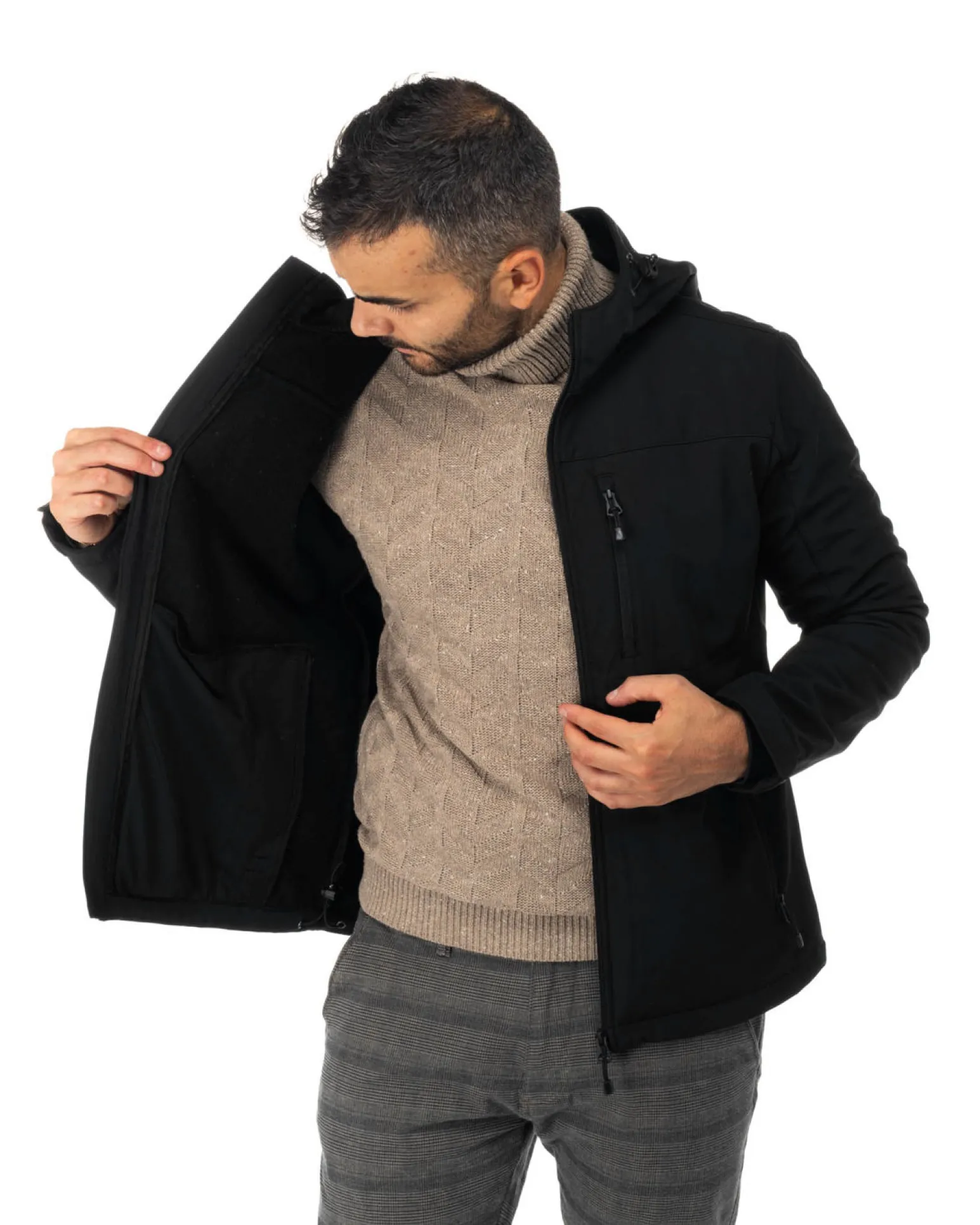 ON SPIRIT - GIACCA NERO IN SOFTSHELL CON CAPPUCCIO DA UOMO AU01953