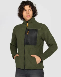 ON SPIRIT - Giacca sherpa da uomo verde scuro in pile con zip frontale - ANTONIO
