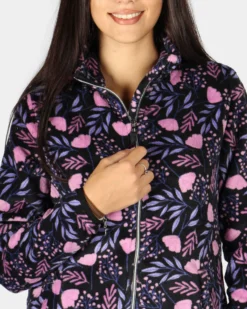 ON SPIRIT - MICROPILE ORSETTO DONNA FULL ZIP NERO A FIORI ROSA E LILLA - OLIVIA