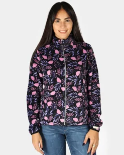 ON SPIRIT - MICROPILE ORSETTO DONNA FULL ZIP NERO A FIORI ROSA E LILLA - OLIVIA